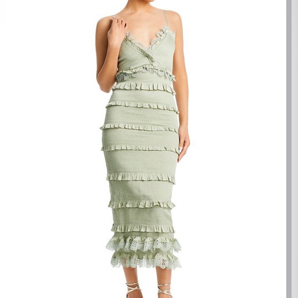 V. Chapman Narcisse Smocked Ruffle Midi Dress in Sage - Picture 2 of 3